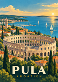 Pula Reiseposter mit römischer Arena am Adriatik-Hafen