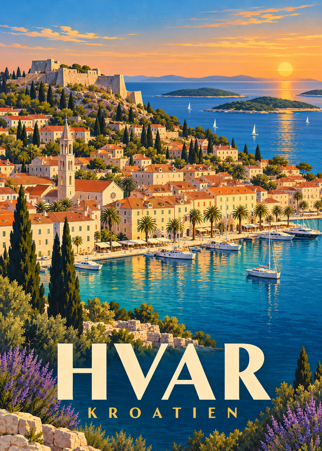 Hvar Reiseposter mit Altstadthafen und Hügelkronender Festung Fortica