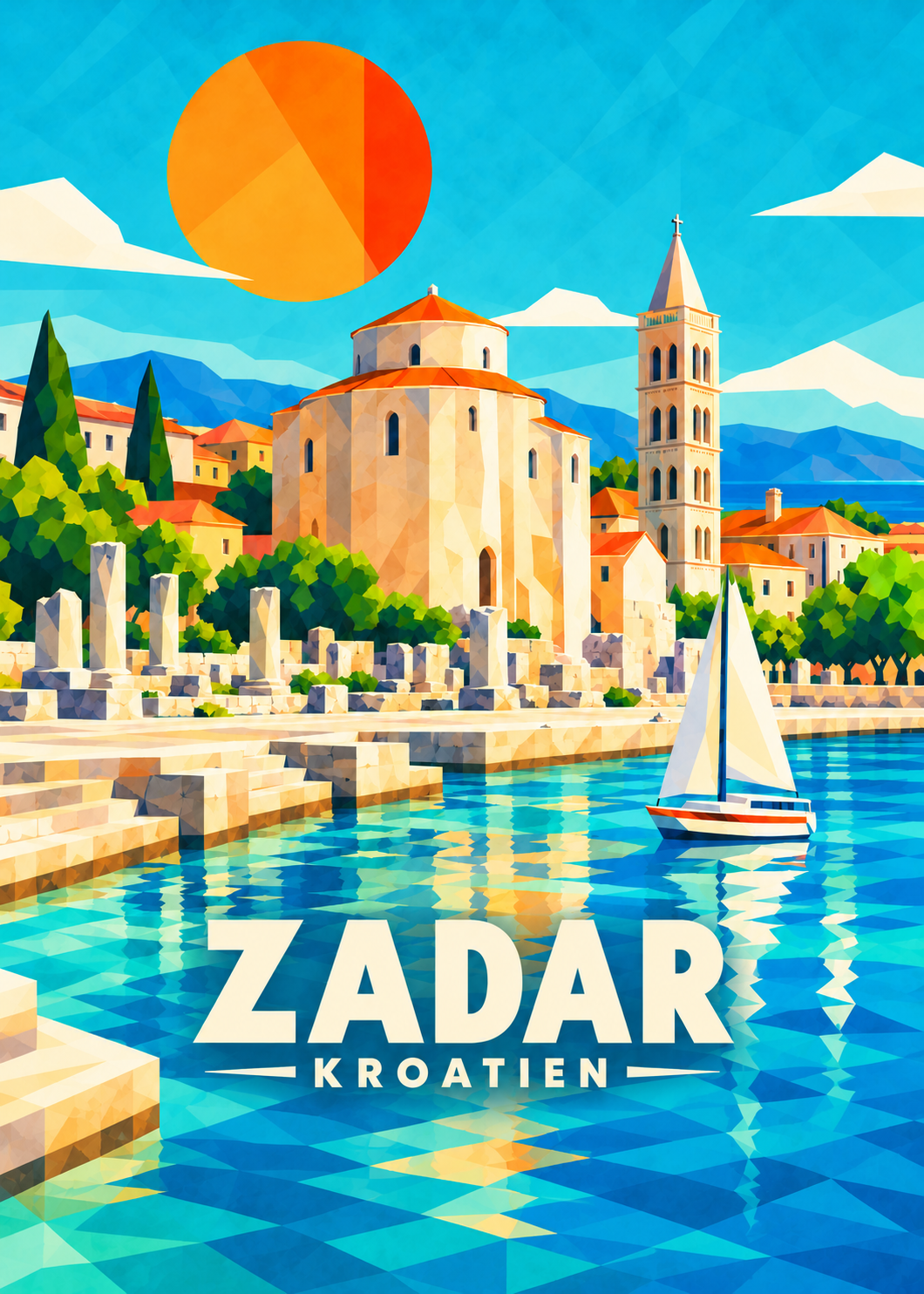 Zadar in Kroatien – geometrische Illustration mit Kirche St. Donatus und Segelboot