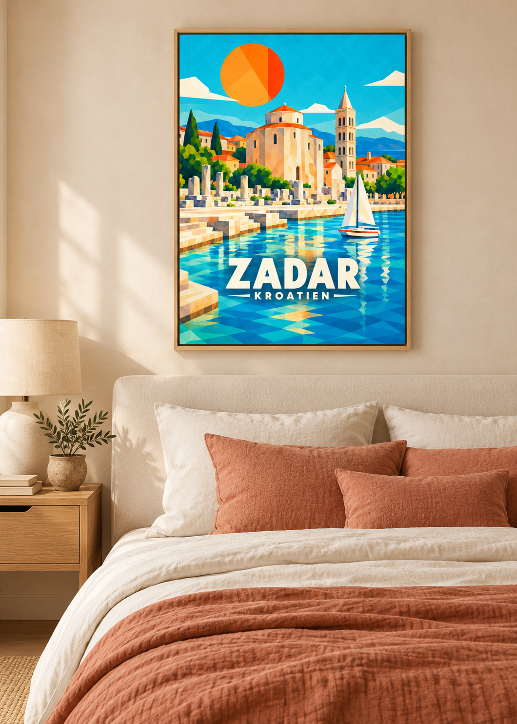 Zadar – Leinwand im Eichen-Schattenfugenrahmen im Schlafzimmer