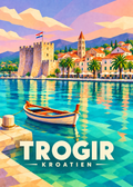 Trogir in Kroatien – geometrische Hafenillustration mit Kamerlengo und Boot