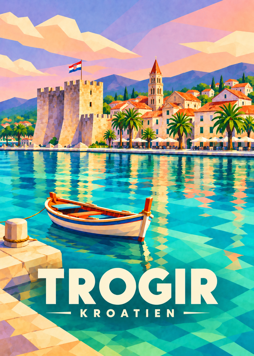 Trogir in Kroatien – geometrische Hafenillustration mit Kamerlengo und Boot