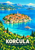 Korčula in Kroatien – geometrische Illustration der Altstadthalbinsel mit Boot
