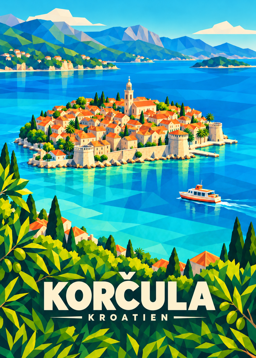 Korčula in Kroatien – geometrische Illustration der Altstadthalbinsel mit Boot