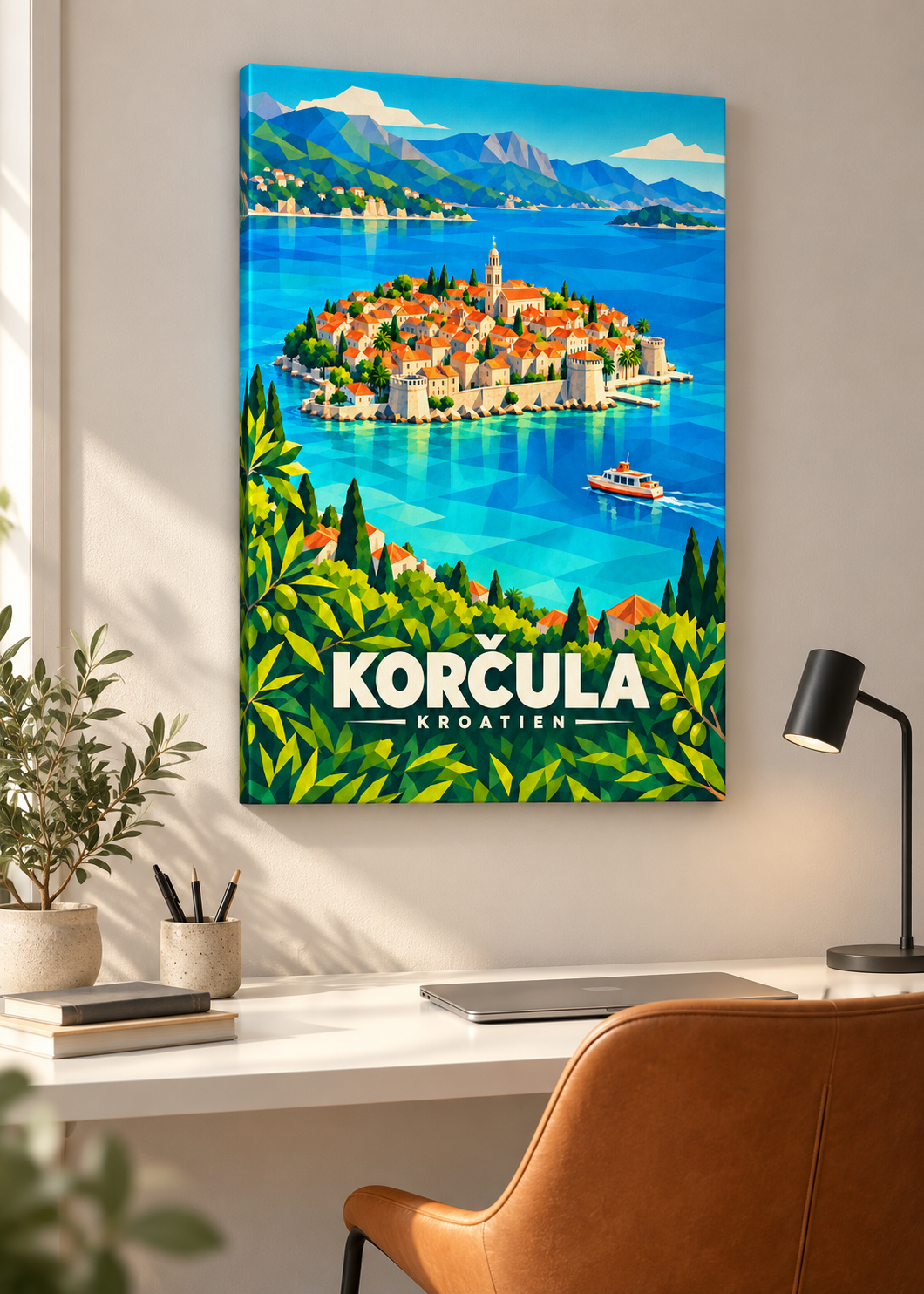 Korčula – rahmenlose Slim-Leinwand im Homeoffice