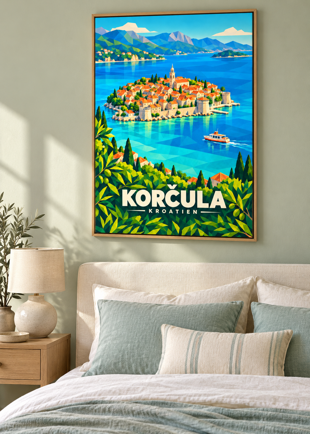 Korčula – Leinwand im Eichen-Schattenfugenrahmen im Schlafzimmer