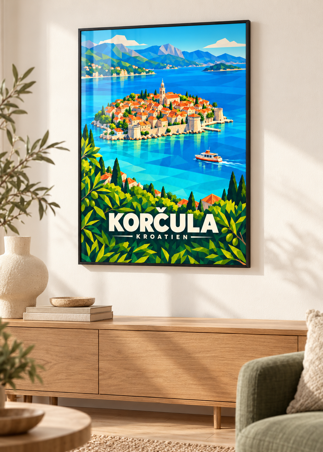 Korčula – schwarzer Rahmen mit Acrylglas im Wohnzimmer