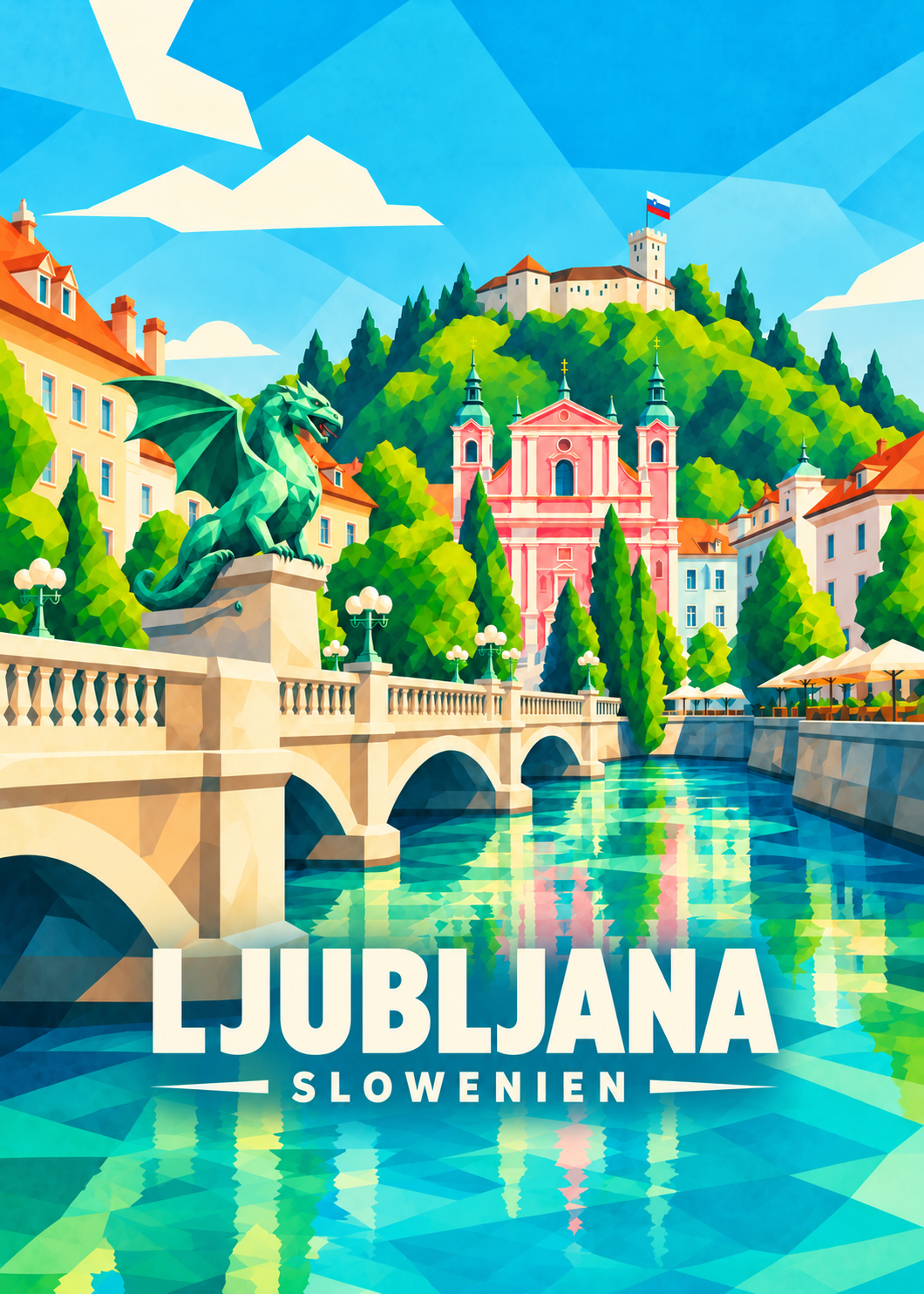 Ljubljana in Slowenien – geometrische Illustration mit Drache, Kirche und Burg