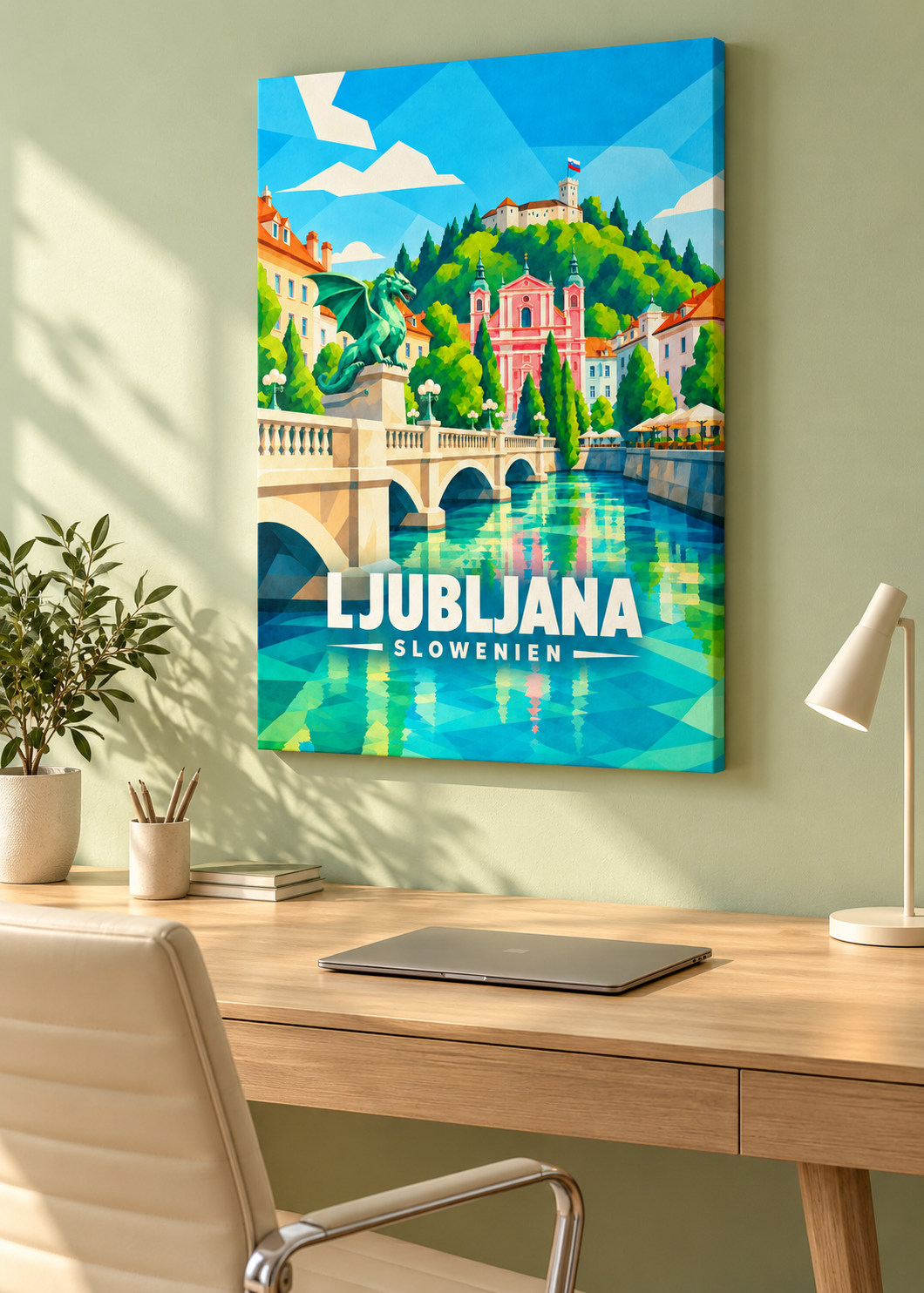 Ljubljana – rahmenlose Slim-Leinwand im Homeoffice