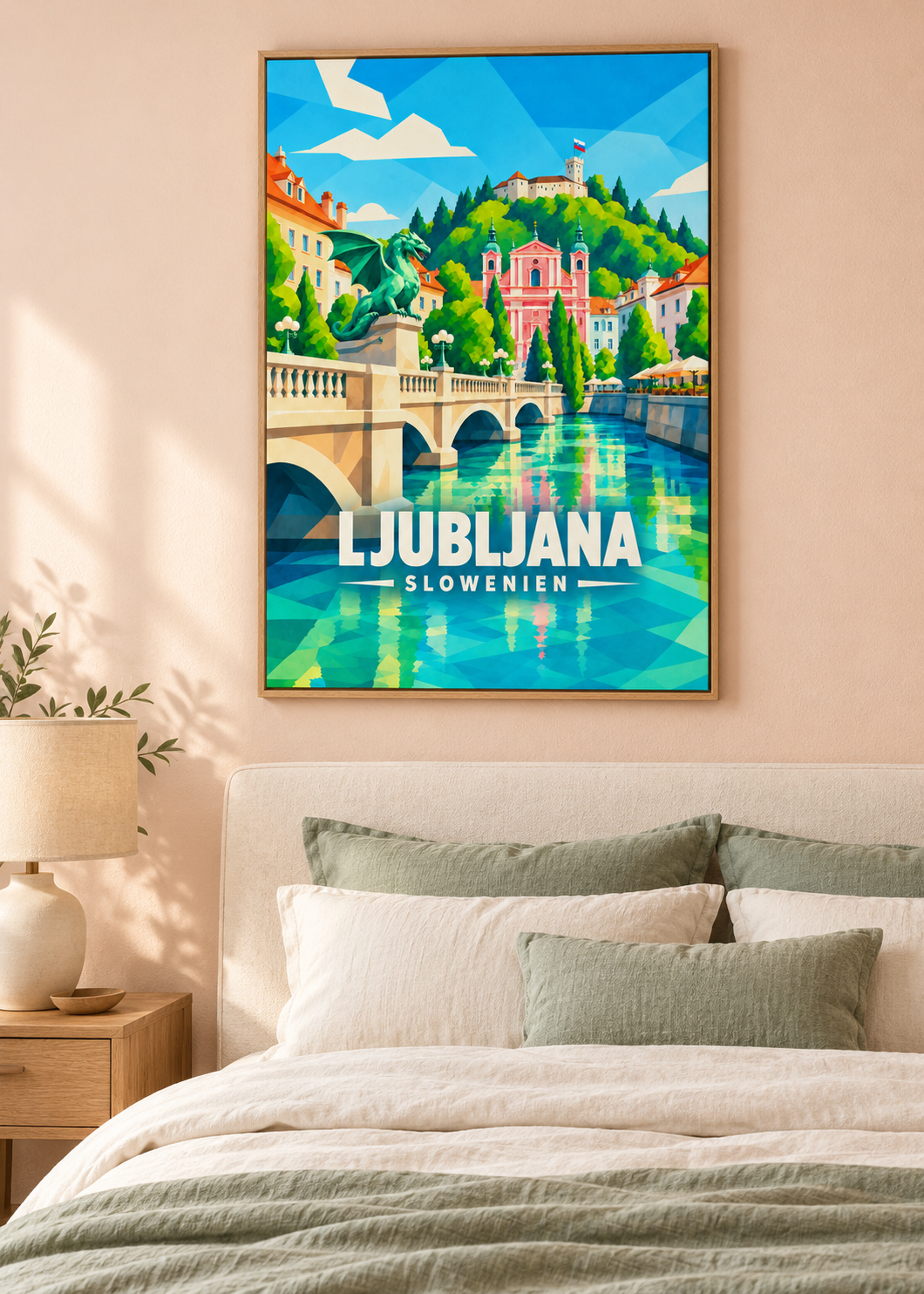 Ljubljana – Leinwand im Eichen-Schattenfugenrahmen im Schlafzimmer