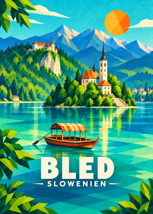 Bled in Slowenien – geometrische Illustration mit Inselkirche, Burg und Pletna-Boot