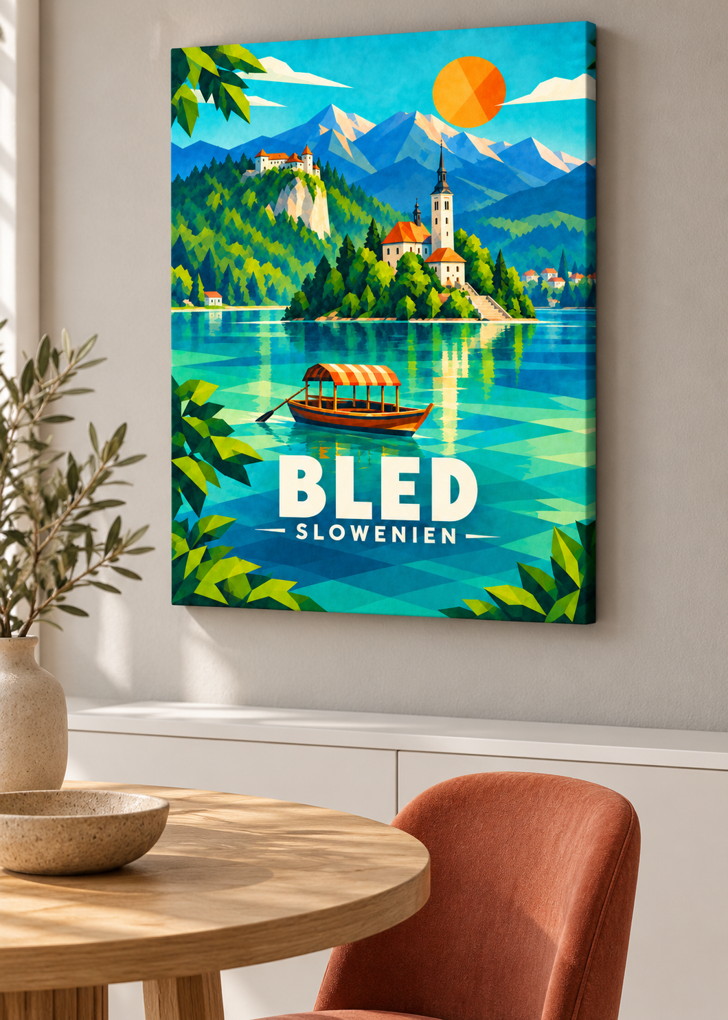 Bled – rahmenlose Slim-Leinwand im Essbereich