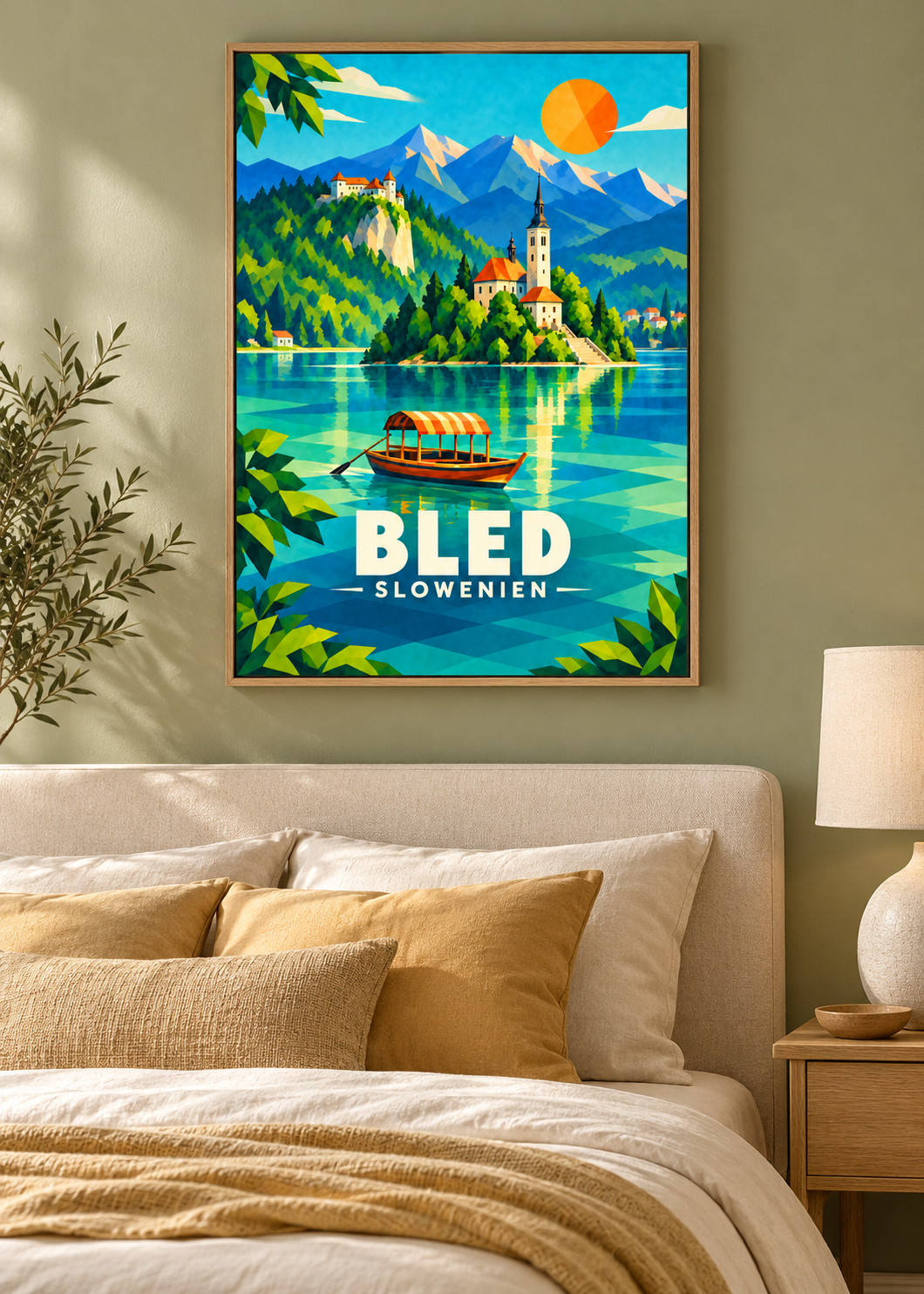 Bled – Leinwand im Eichen-Schattenfugenrahmen im Schlafzimmer