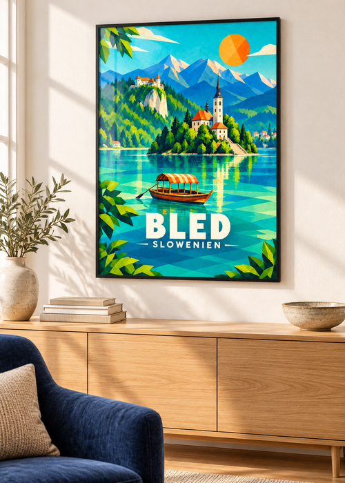 Bled – schwarzer Rahmen mit Acrylglas im Wohnzimmer