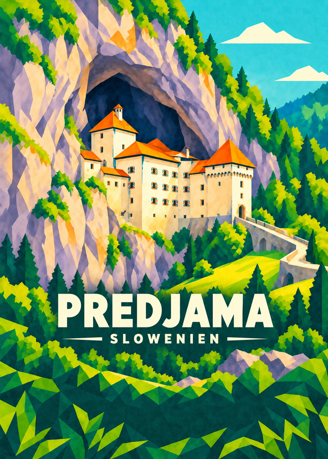 Predjama in Slowenien – geometrische Illustration