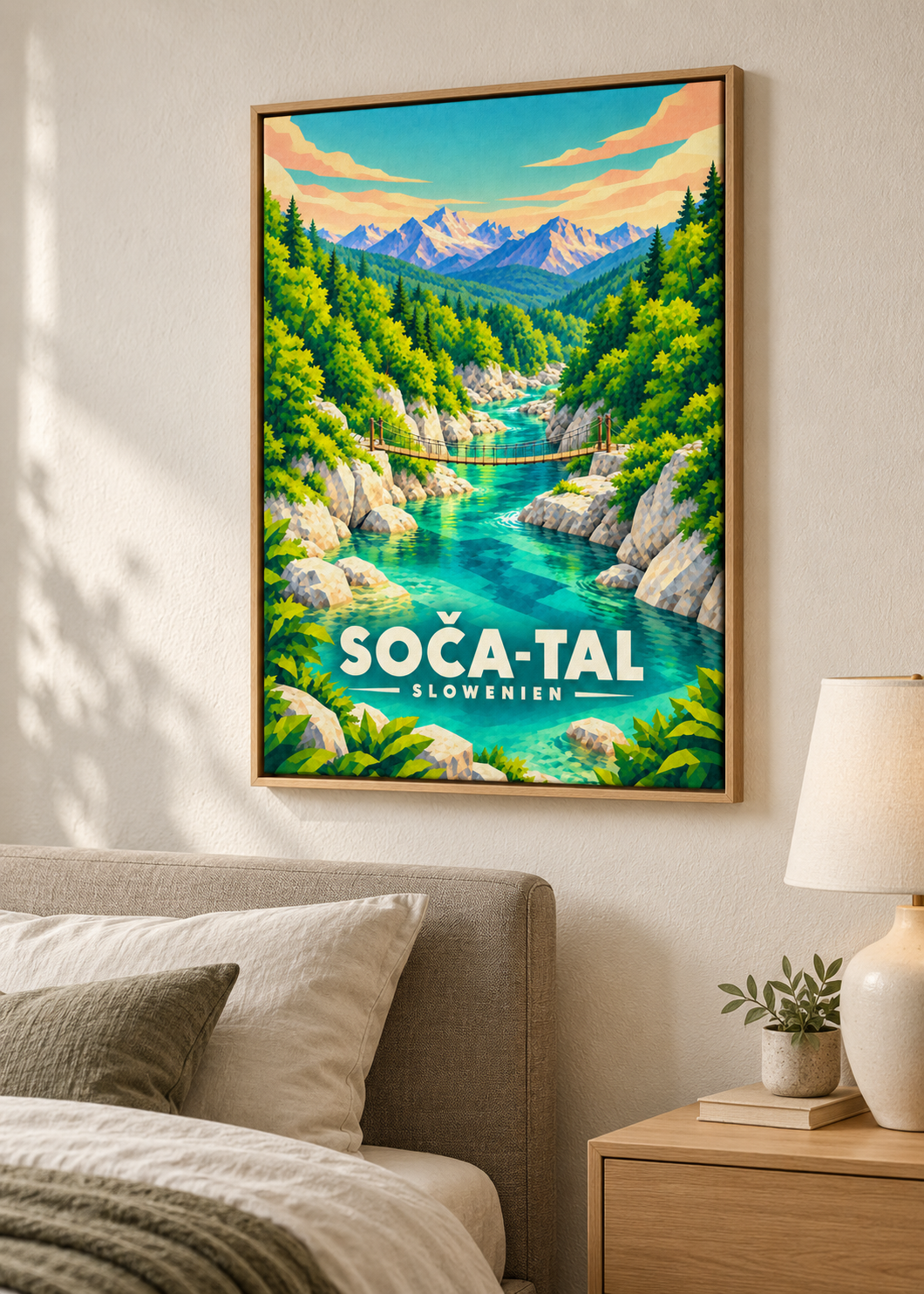 Soča-Tal – Leinwand im Eichen-Schattenfugenrahmen