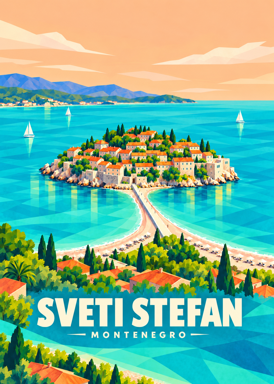 Sveti Stefan in Montenegro – geometrische Illustration