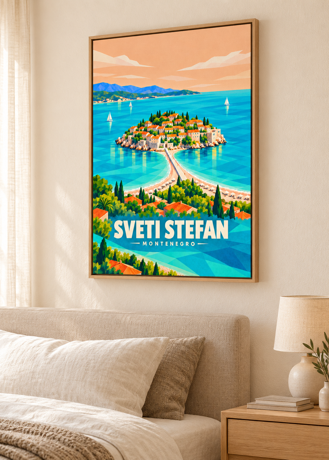 Sveti Stefan – Leinwand im Eichen-Schattenfugenrahmen