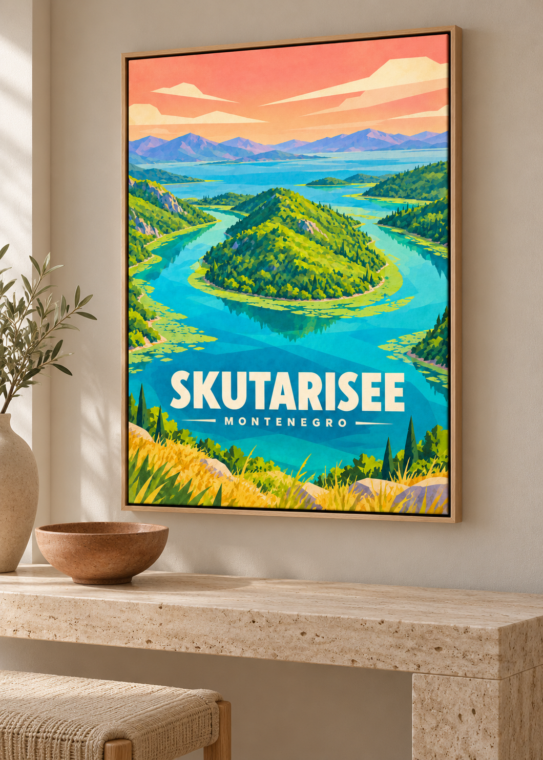 Skutarisee – Leinwand im Eichen-Schattenfugenrahmen