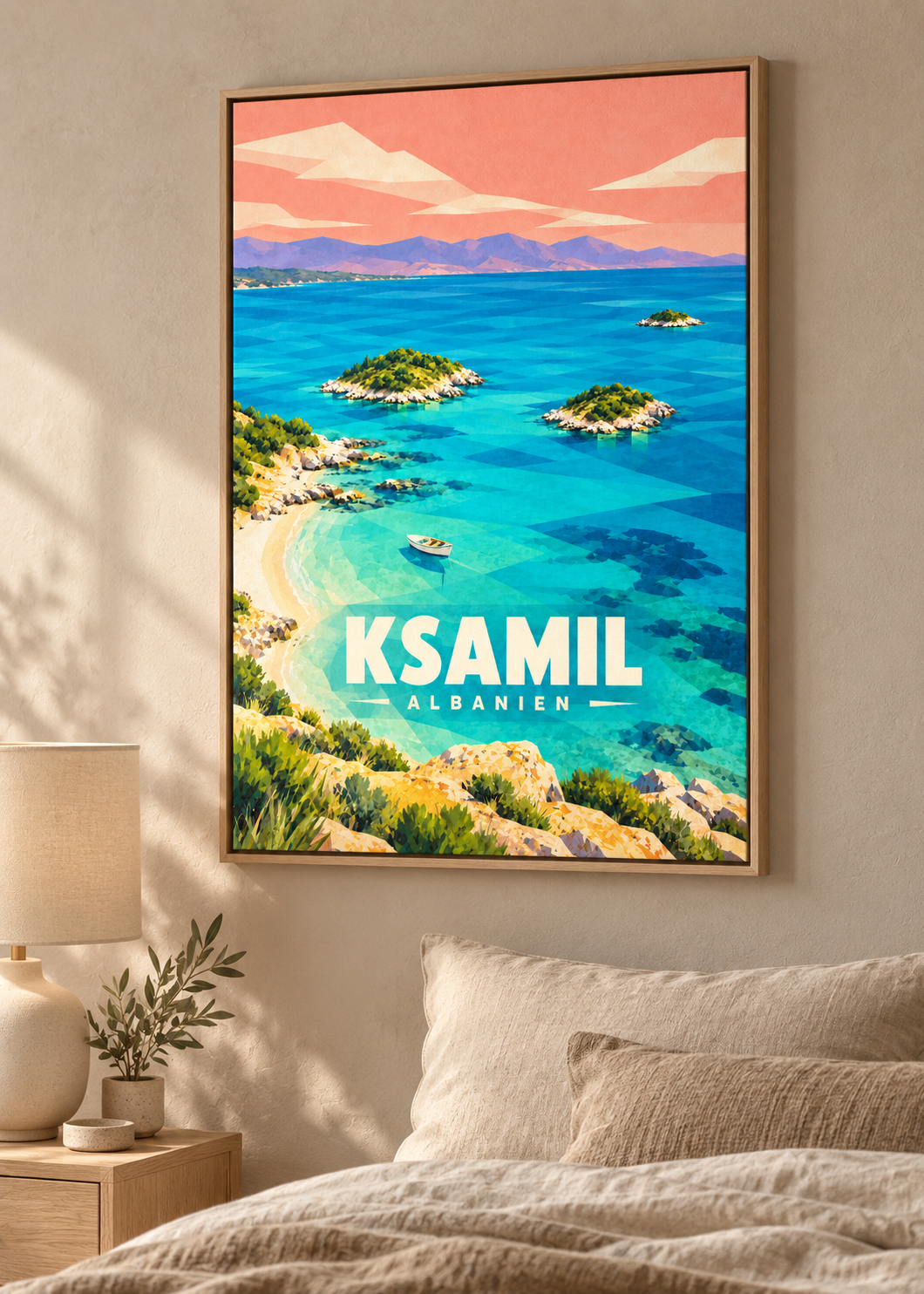 Ksamil – Leinwand im Eichen-Schattenfugenrahmen