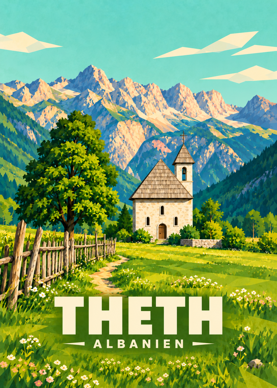 Theth in Albanien – geometrische Illustration