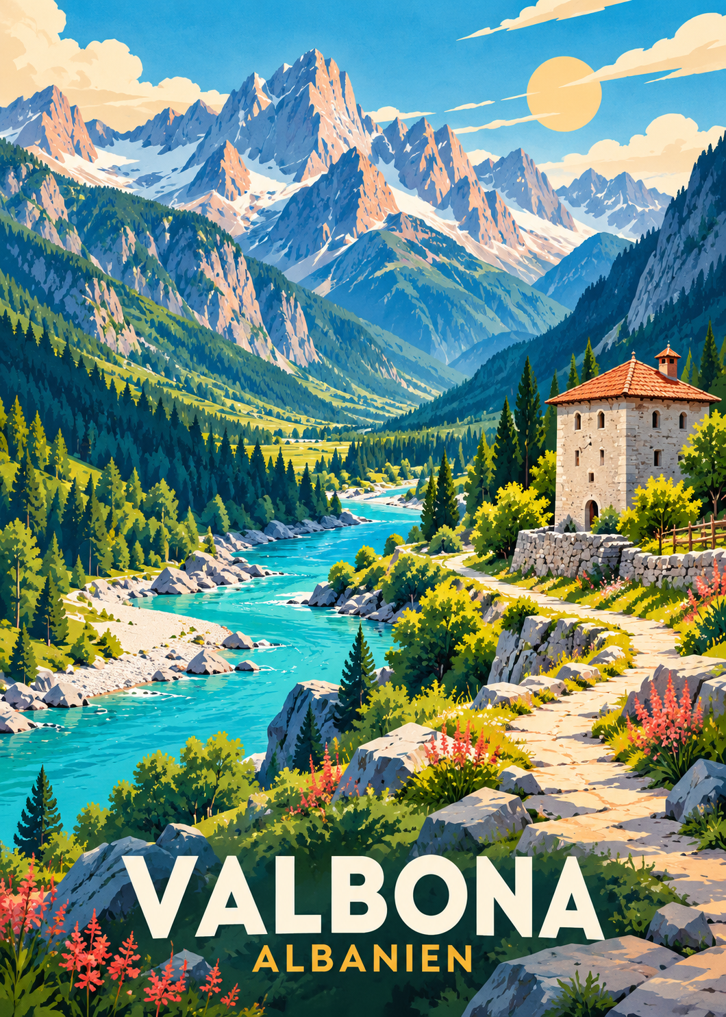 Valbona in Albanien – geometrische Illustration mit Alpen, türkisfarbenem Fluss und Steinturm
