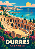 Durrës in Albanien – geometrische Illustration mit Amphitheater und Adriaküste