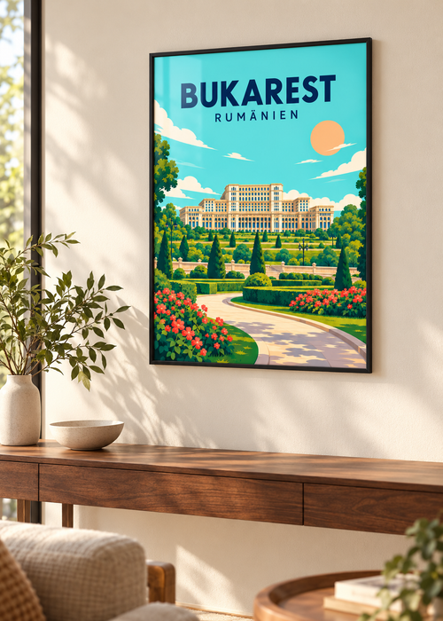 Bukarest – schwarzer Rahmen mit Acrylglas im Wohnraum