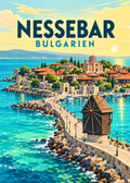 Nessebar in Bulgarien – geometrische Illustration mit Windmühle und türkisfarbenem Meer