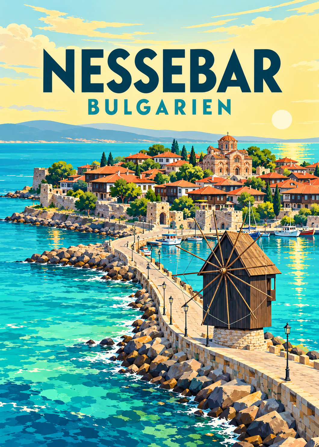 Nessebar in Bulgarien – geometrische Illustration mit Windmühle und türkisfarbenem Meer