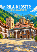 Rila-Kloster in Bulgarien – geometrische Illustration des Klosterhofs und der Berge