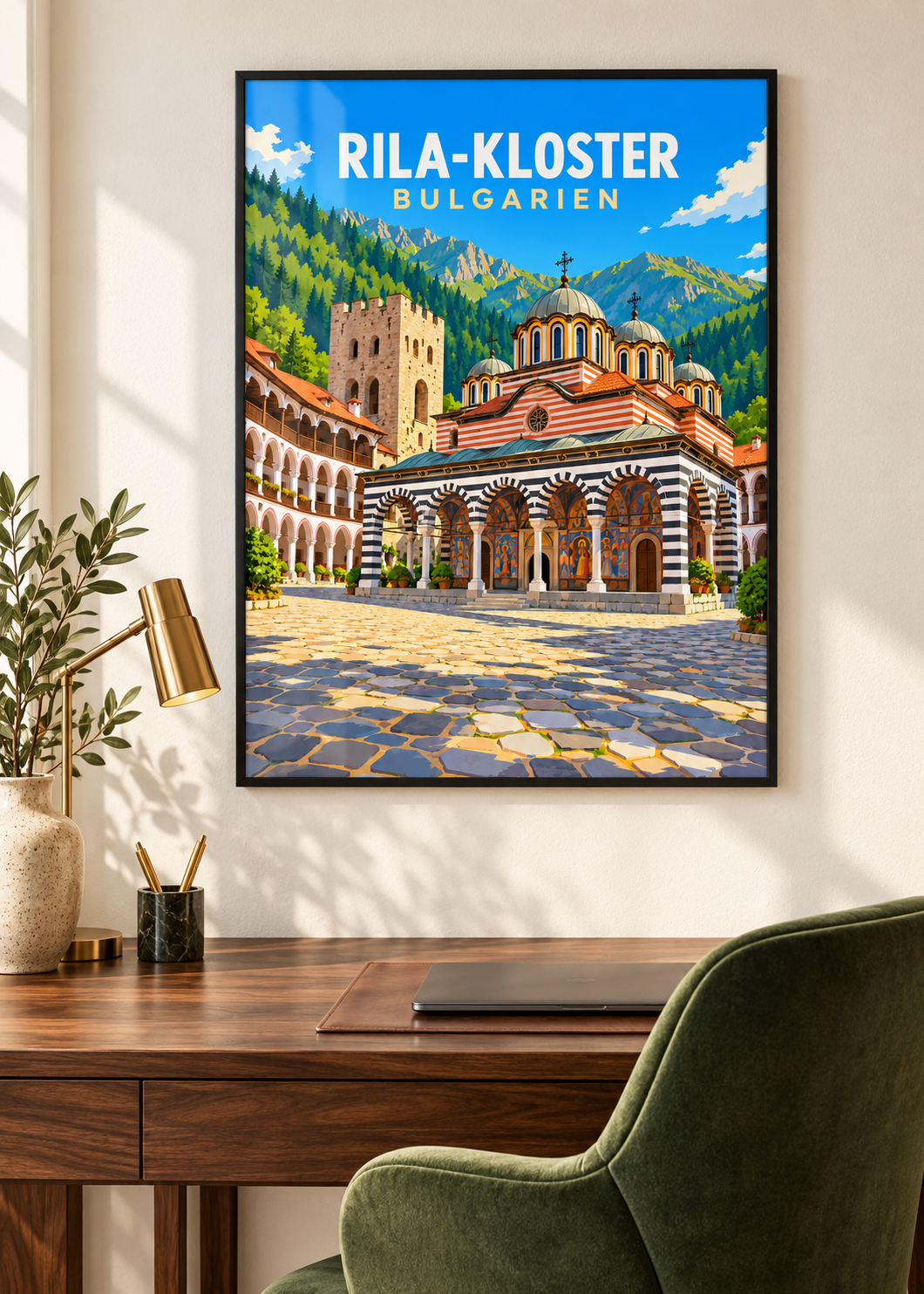 Rila-Kloster – Mockup im schwarzen Rahmen mit Acrylglas