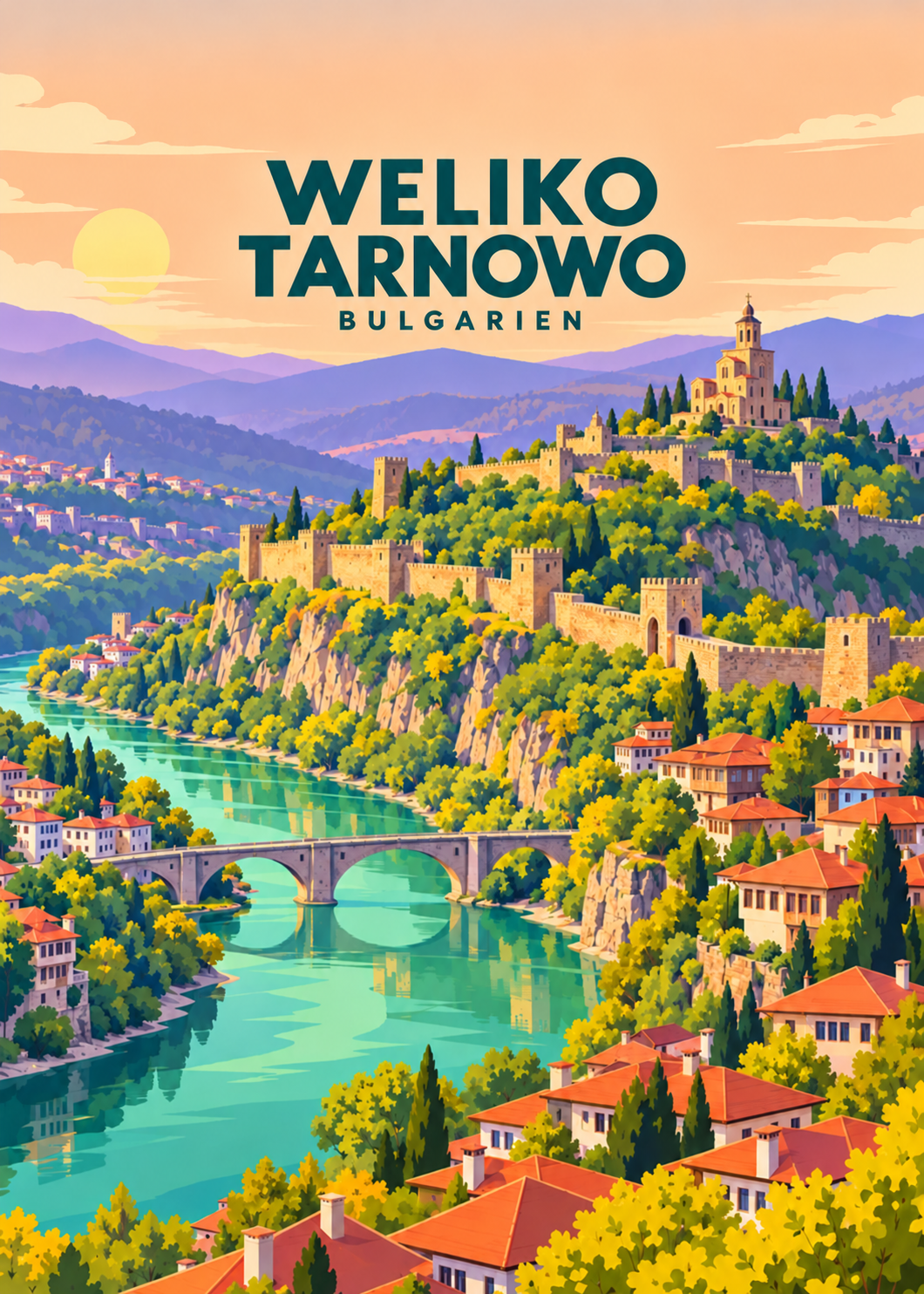 Weliko Tarnowo in Bulgarien – geometrische Illustration mit Festung und Fluss