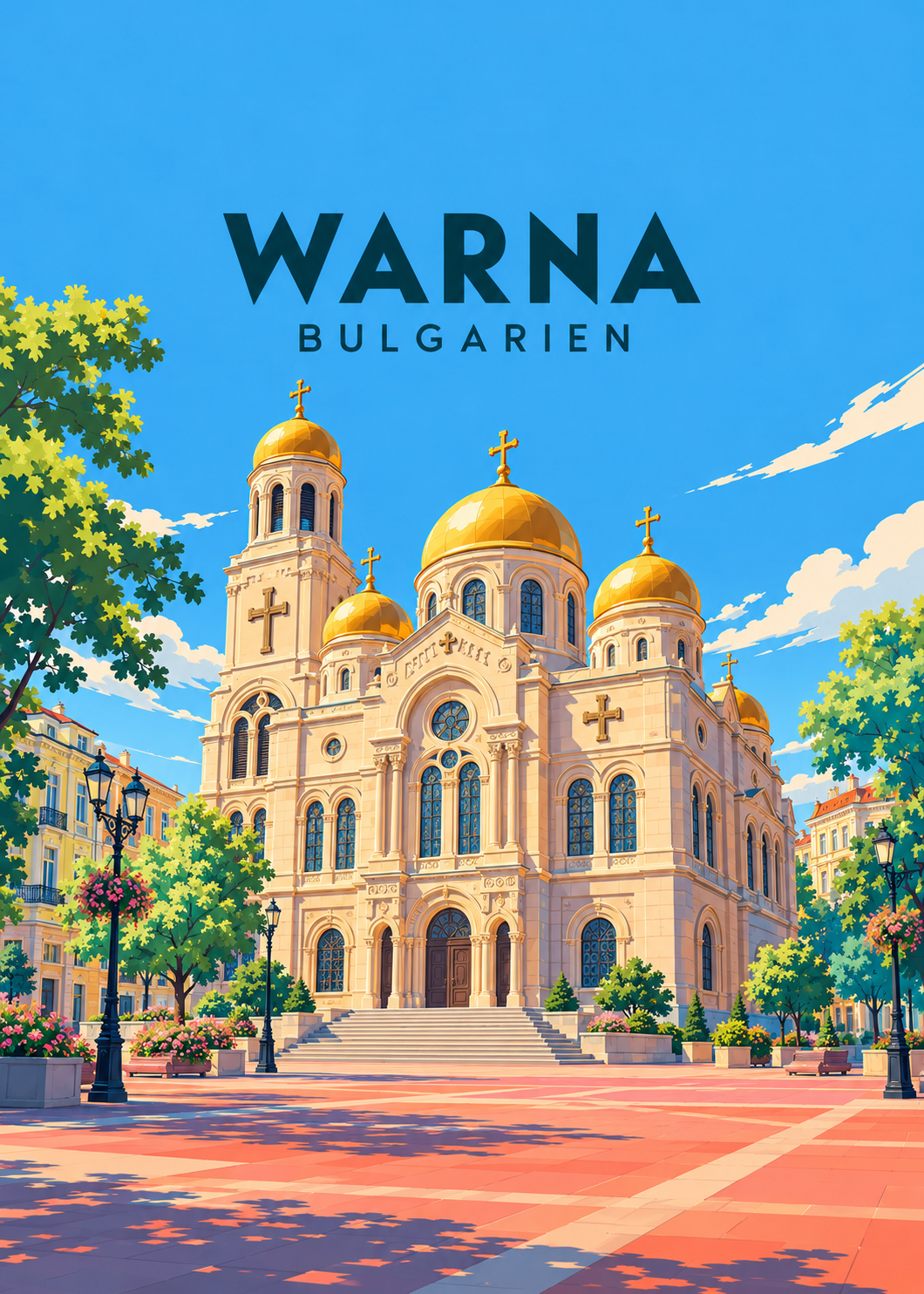 Warna in Bulgarien – geometrische Illustration der Kathedrale mit goldenen Kuppeln