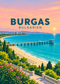 Burgas in Bulgarien – geometrische Illustration mit Seebrücke und Küste