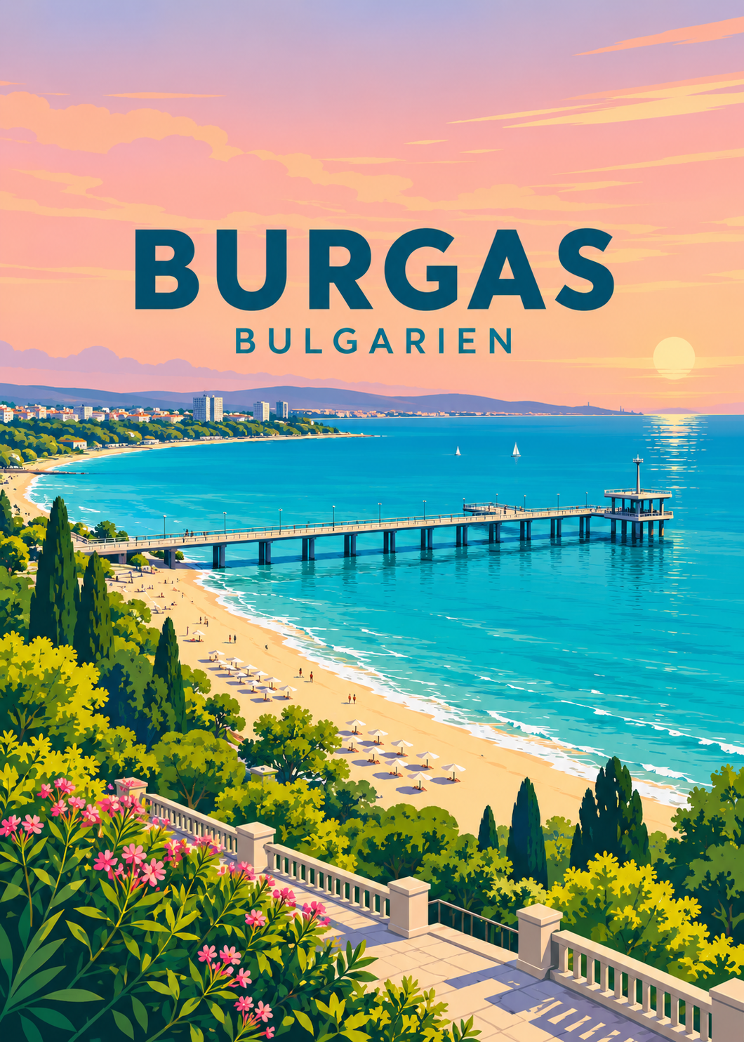 Burgas in Bulgarien – geometrische Illustration mit Seebrücke und Küste