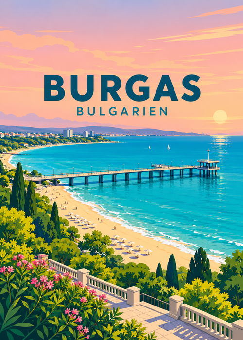 Burgas in Bulgarien – geometrische Illustration mit Seebrücke und Küste