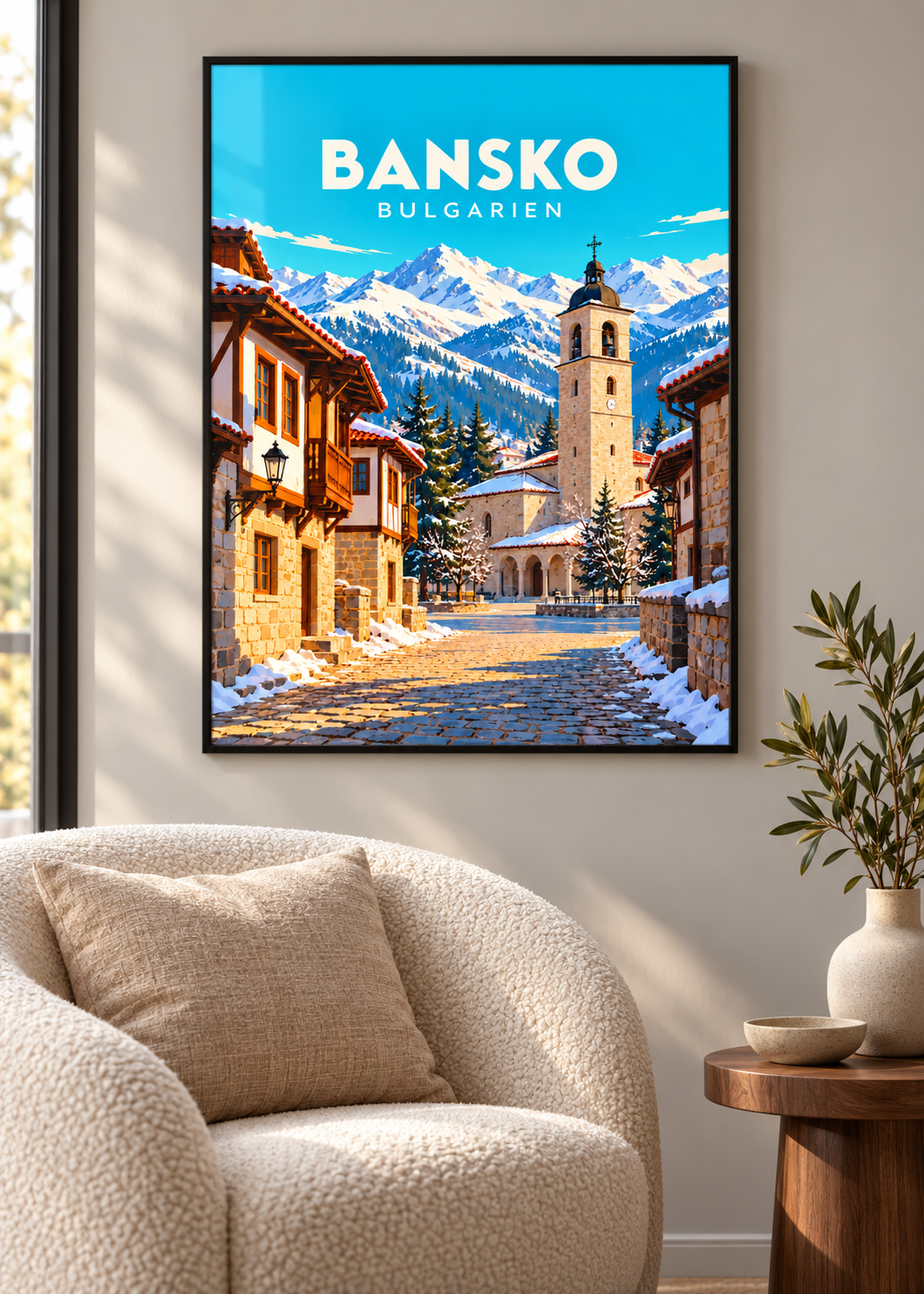 Bansko, Bulgarien – Mockup im schwarzen Rahmen