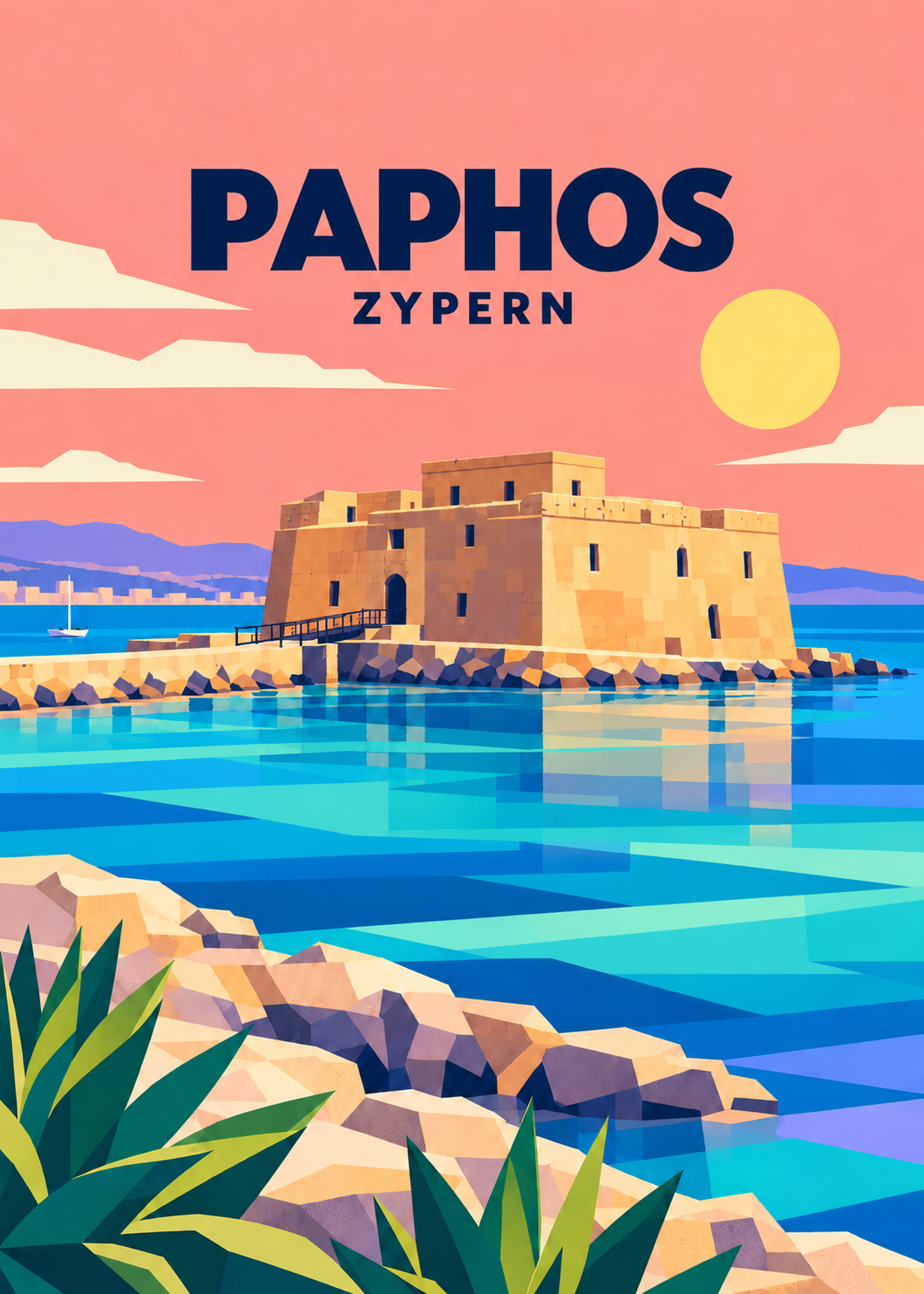 Paphos, Zypern – geometrische Illustration der Hafenfestung