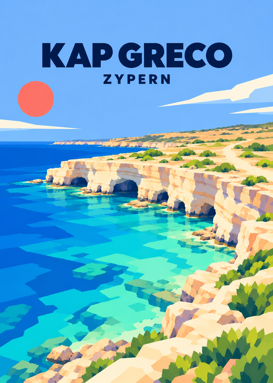 Kap Greco, Zypern – geometrische Illustration der Kalksteinklippen und Meereshöhlen