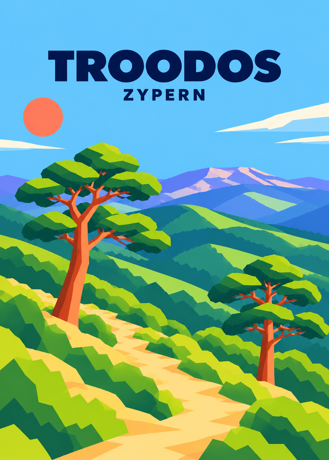 Troodos, Zypern – geometrische Illustration der bewaldeten Berglandschaft