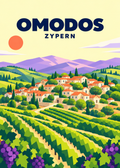 Omodos, Zypern – geometrische Illustration des Dorfpanoramas zwischen Weinbergen