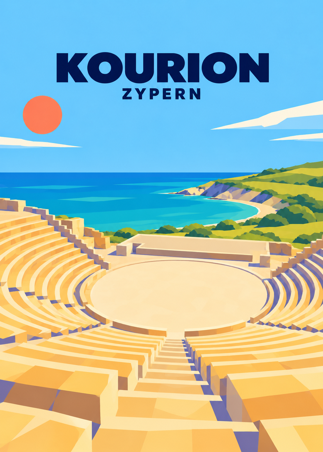Kourion, Zypern – geometrische Illustration des antiken Theaters mit Meerblick