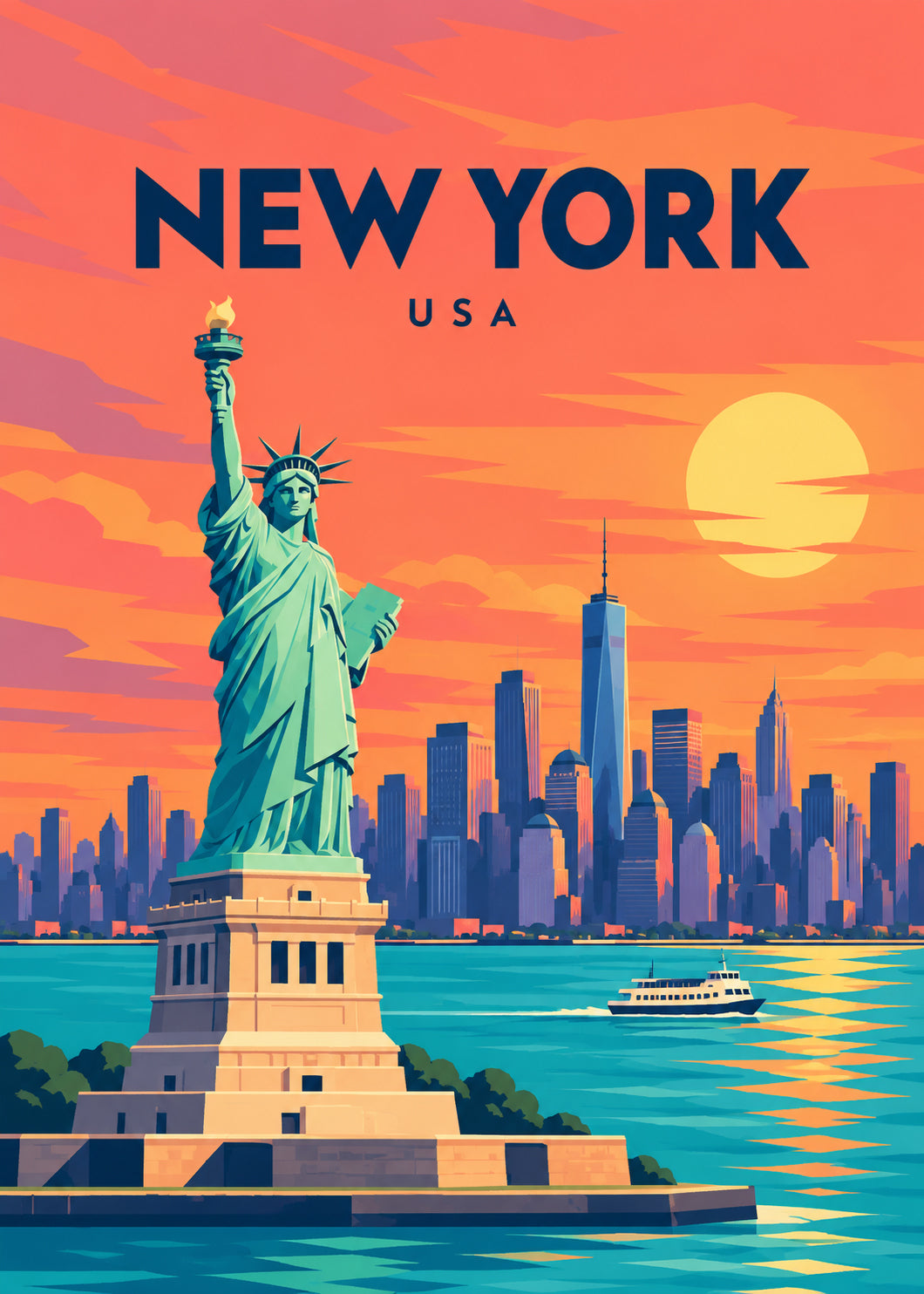 New York, USA – geometrische Illustration mit Freiheitsstatue und Skyline
