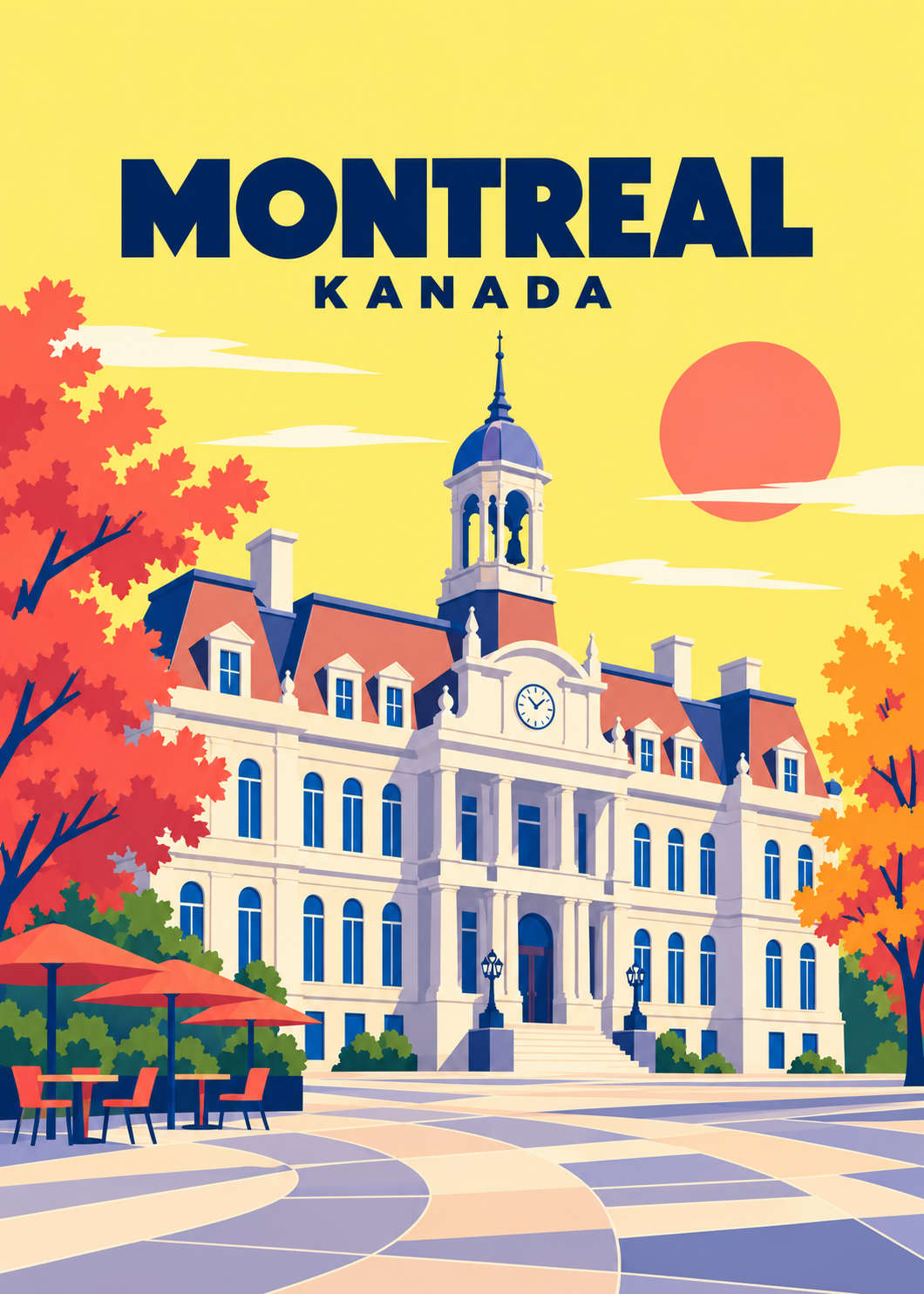 Montreal, Kanada – geometrische Illustration mit Rathaus und herbstlichem Platz
