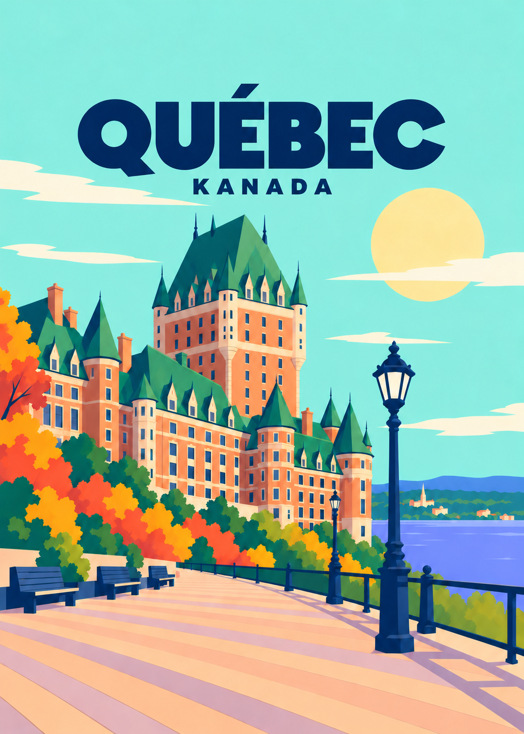 Québec, Kanada – geometrische Illustration mit Château Frontenac und Dufferin-Terrasse
