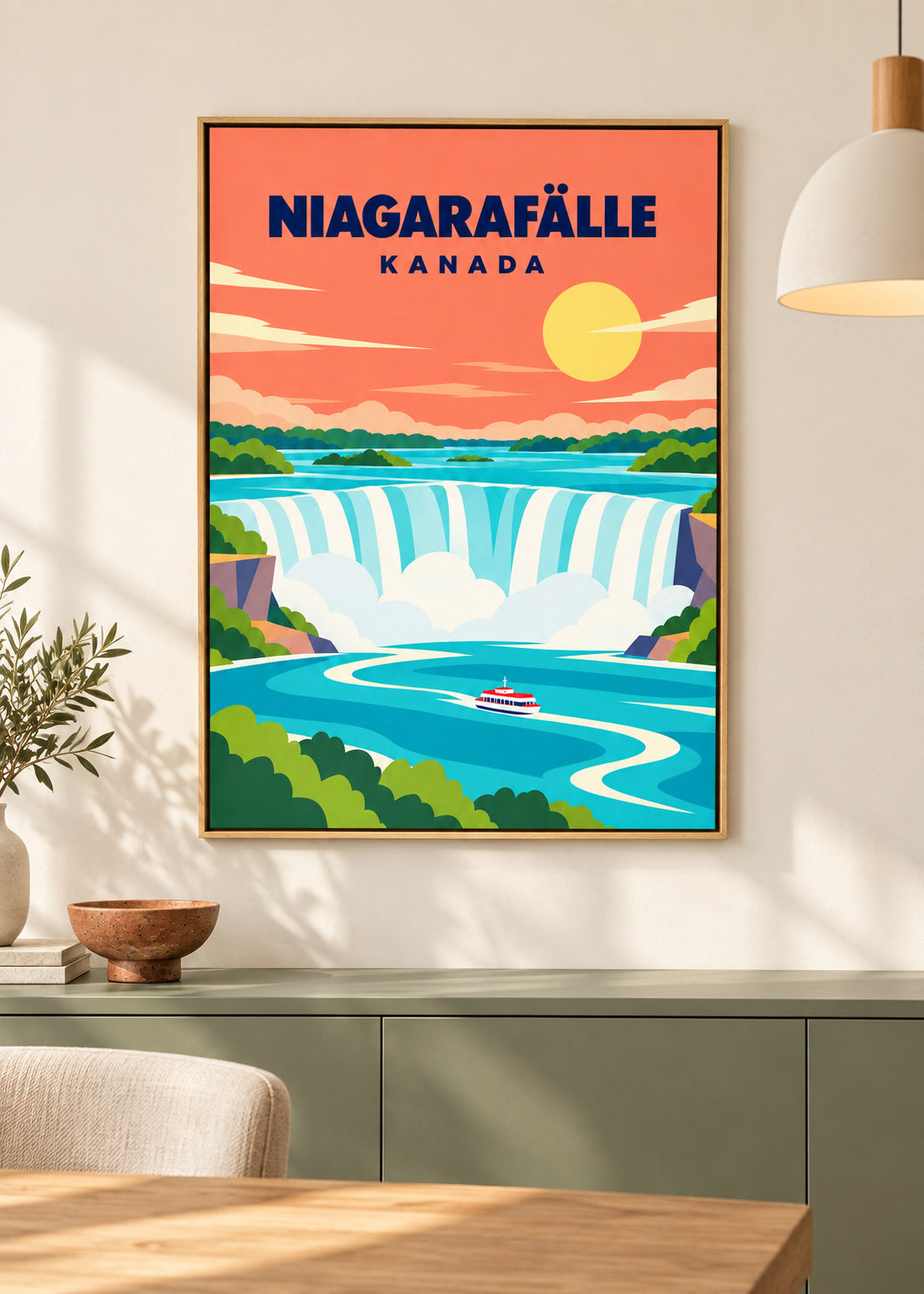 Niagarafälle auf Leinwand im Naturholz-Schattenfugenrahmen