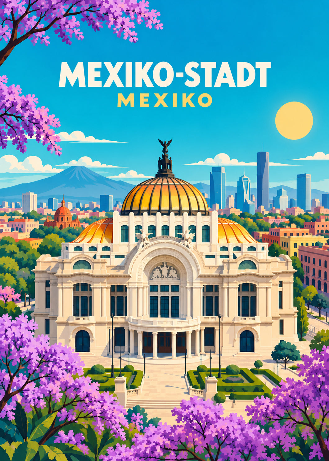 Mexiko-Stadt in Mexiko – geometrische Illustration mit Palacio de Bellas Artes und Jacaranda