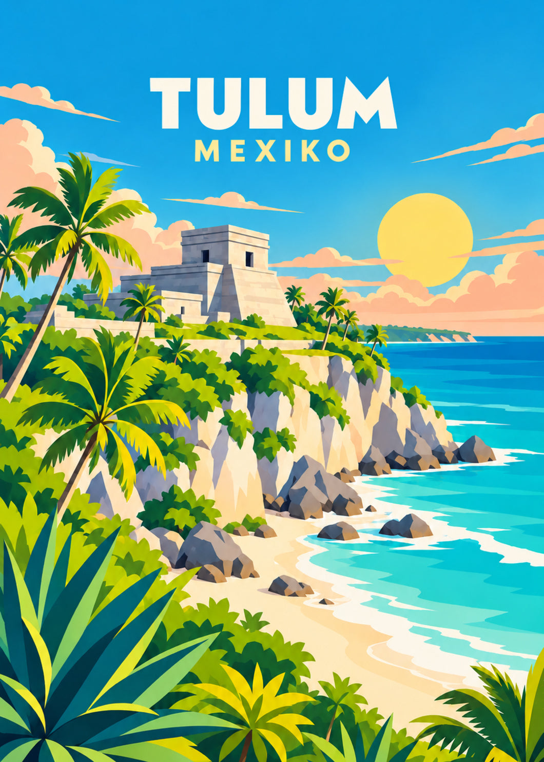 Tulum in Mexiko – geometrische Illustration der Maya-Ruinen an der Karibikküste