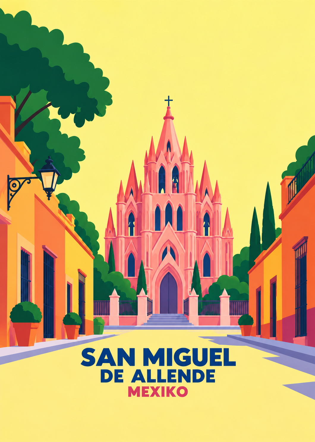 San Miguel de Allende – geometrische Illustration der rosa Parroquia in Mexiko